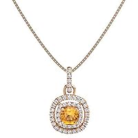 1.10 ctw Cushion Shape Created Citrine & Cubic Zirconia 925 Sterling Sliver Halo Pendant Necklace Gifts for Women's/Girls 14K Gold Plated