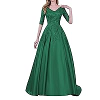 V Neck Mother of The Bride Dresses with Sleeves Laces Appliques Satin Formal Evening Party Dress ZX02