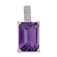 925 Sterling Silver Polished Prong set Open back Rhodium Emerald cut Amethyst and Diamond Pendant Necklace Measures 23x10mm Wide Jewelry for Women