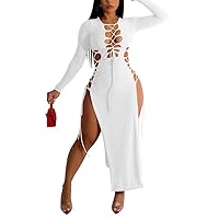 Women's Sexy Long Sleeve Hollow Out Lace Up Bodycon Bandage High Slit Clubwear Party Midi Long Dress