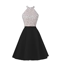 Women's Halter Neck Satin Sleeveless Cocktail Dress Backless Beaded Prom Gown Black