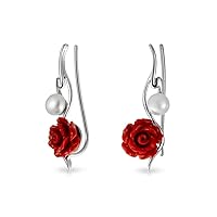 Trendy 3D Pink Red Rose Flower White Freshwater Cultured Pearl Wire Ear Pin Climbers Crawlers Earrings For Women .925 Sterling Silver