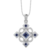 Charming 925 Sterling Silver Statement Pendant Necklace 4MM Square Step Cut Blue Sapphire and accent white cubic zirconia
