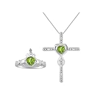 Rylos Sterling Silver Claddagh Ring & Cross Necklace. Heart Gemstone & Diamonds, 6MM Birthstone. Perfectly Matching Friendship Jewelry. Sizes 5-10.