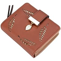 Small Leather Purse with Gold Hollow Leaves For Women with Coin and Card Holders Clutch Zipper Wallet Handbag (Coffee)