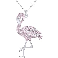 Created Round Cut Pink Tourmaline Gemstone 925 Sterling Silver 14K Gold Finish Flamingo Bird Pendant Necklace for Women's & Girl's