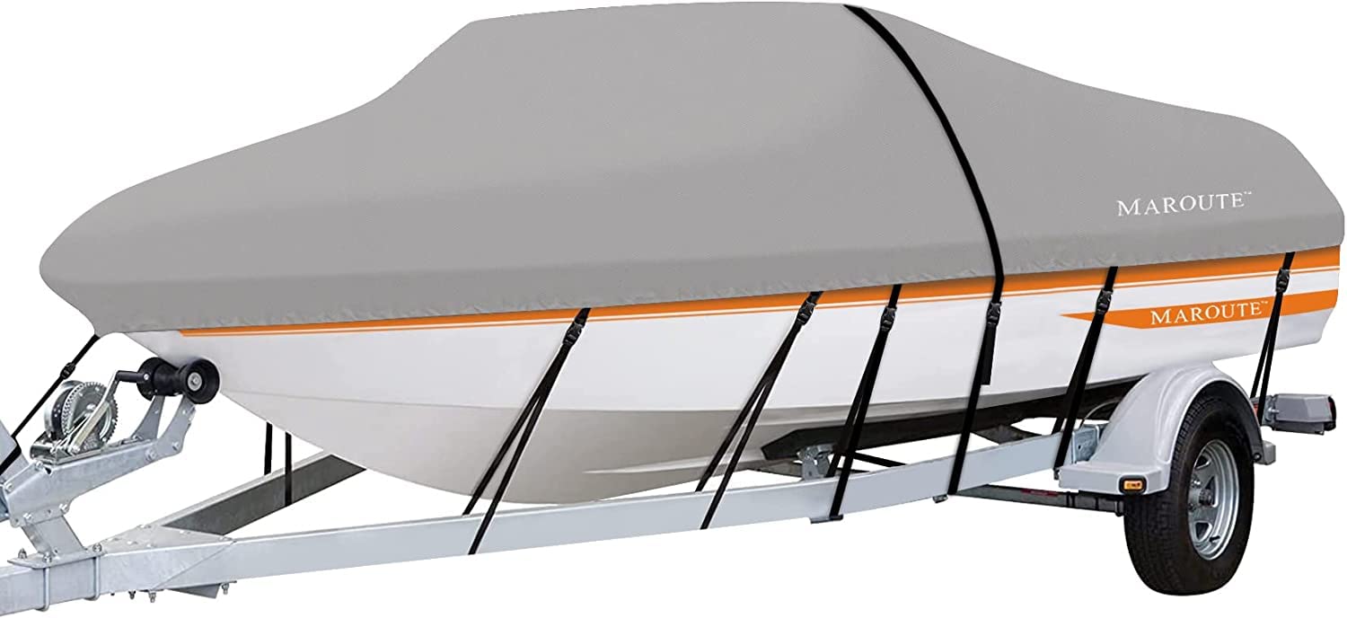 Boat Cover, MAROUTE 600D Waterproof Trailerable Marine Grade Polyster Canvas Fits V-Hull, Tri-Hull Fishing Boat, Runabout, SKi Boat, Bass Boat, up to (Length 17ft-19ft Beam Width Up to 96