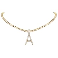 FindChic Bling Fully CZ Tennis Chain Initial Necklace for Women 16'' Butterfly Choker 18K Gold Plated Simulated Diamond Cubic Zirconia Letter Necklace for Girls, with Gift Box