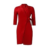 Business Casual Suit Dress for Women Semi Formal 3/4 Sleeve Lace-Up Tube Dress Pleated Splice Mid-Length Blazer Dress