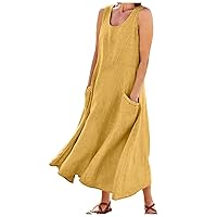 Flowy Dresses,Sexy Linen Cotton Dress for Women U Neck Sleeveless Pleated Swing Maxi Dress with Pockets