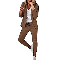 Womens Dressy Casual Suit Set 2 Piece Outfits Open-Front Blazer and Slim Drawstring Pants Solid Sets for Office Work