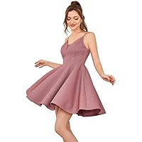 Sparkle V Neck Short Homecoming Dresses Sleeveless Spaghetti Straps A-Line Mini Prom Dress Cocktail Dress R040
