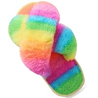 Girl's Fuzzy Fluffy Furry Slippers Fur Flip Flop Open Toe Slippers Cross Band Shoes Slides for Girls House Home Indoor Outdoor