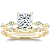Moissanite Engagement Ring Set with 4 Princess Cut Stones, Yellow Gold Band