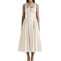 houstil Women's Halter Summer Floral Print Dress Midi Sleeveless Strappy Bodycon Beach Casual Wedding Guest Dresses