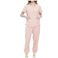 Scrubs for Women Nurse Working Uniform Set Zipper Henley Tops and Jogger Pants with Pockets Two Piece Solid Outfits