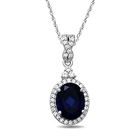 Jewelili Sterling Silver 9x7 MM Oval Shape Created Ceylon Sapphire and Round Created White Sapphire Pendant Necklace, 18