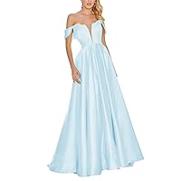 Satin Prom Dress V-Neck Long Ball Gown Off Shoulder A-Line Evening Dresses Blue