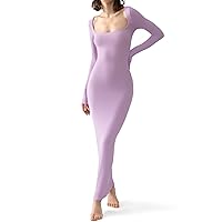 PUMIEY Women's Square Neck Long Sleeve Maxi Dress Ribbed Bodycon Dresses for Women Soft Lounge Dress