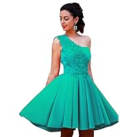 Women's One Shoulder Satin A Line Homecoming Dress Lace Applique Sleeveless Cocktail Dress Mint Green