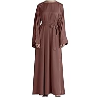 Women's Muslim Kaftan Abaya Dress Long Sleeve Self Tie Maxi Dress Middle East Arabian Robe Gown Solid Tunic Dresses