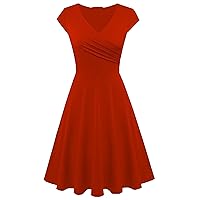 EFOFEI Womens 1950s Cap Sleeve Solid Color Dress Wrap V Neck Cocktail Dress A Line Swing Midi Dresses