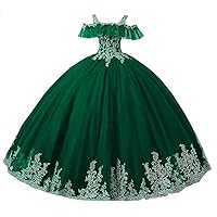 Women's Off Shoulder Gold Embroideried Sweet 16 Quinceanera Dress Spaghetti Strap Tulle Ball Gowns