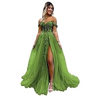 Women's Off The Shoulder Prom Dresses Tulle Lace Appliques Long Ball Gowns 2024 A Line High Split Evening Dresses LVY003