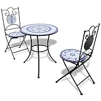 vidaXL 3 Piece Outdoor Ceramic Tile Bistro Set, Blue and White, Powder-Coated Iron Frame, Water-Resistant, Garden Patio Furniture Set Including 1 Table and 2 Chairs
