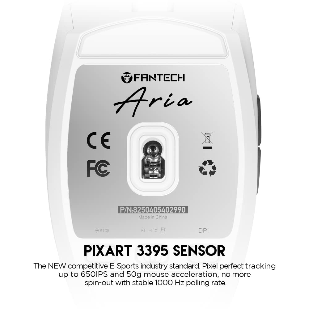 FANTECH ARIA XD7 Wireless Gaming Mouse - Pixart 3395 Gaming Sensor 26000 DPI, HUANO Switches, Super Lightweight 59 Grams and Ambidextrous Egg Shape, 3-Mode Connectivity, White