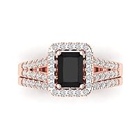 1.60ct Emerald Cut Halo Solitaire Natural Black Onyx Engagement Promise Anniversary Bridal Ring Band set 18K Rose Gold