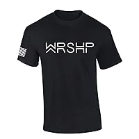 Mens Christian Shirt WRSHP Worship Abbreviation Scripture American Flag Sleeve T-Shirt Graphic Tee