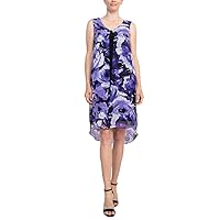 Connected Apparel Scoop Neck Sleeveless Floral Print Chiffon Overlay Stretch Crepe Dress