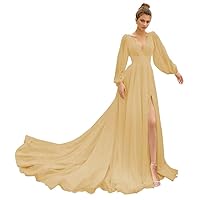 V Neck Lace Beach Wedding Dresses for Bride 2023 Chiffon Long Sleeve Boho Bridal Gowns with Slit for Women