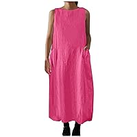 Women's Summer Casual Sleeveless Crewneck Swing Sundress Fit & Flare Flowy Cotton Linen Maxi Dress with Pockets