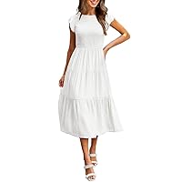 Women's Summer Casual Flutter Short Sleeve Crew Neck Smocked Elastic Waist Tiered Midi Tween Casual Dresses (White, S)