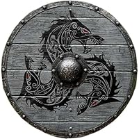 Medieval Viking Shield Grey & Black Norse Authentic Dragon Design Battleworn Wood & Iron 24