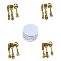 Home Decoration Accessories Miniature Plates Set Dollhouse Mini Porcelain Plate with Slicer Forks Spoons Dollhouse Accessories Gold