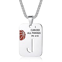 Basketball Necklace for Boys Initial Letter Pendant Necklace Bible Verse I CAN DO All Things Stainless Steel Sport Jewelry for Men