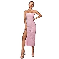 Womens Fall Fashion 2022 Criss Cross Backless Split Thigh Glitter Cami Dress (Color : Baby Pink, Size : Large)