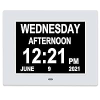 Digital Day Calendar Clocks Auto-Dimmer 8 Alarm Reminders Extra Large Non-Abbreviated Date and Time Senior Elderly Clock for Dementia Impaired Vision Memory Loss (7 Inch white)