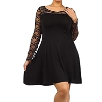 Sheer Lace Sleeve Stretch Rayon Flare Dress Scoop Neck Junior Plus Size