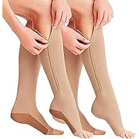 2 Pair 15-20 mmHg Zip Compression Socks Medical Toeless with Zipper Easy to on off put for Edem, Varicose Veins, Sore,BEIGE COPPER,S/M