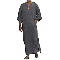 Haseil Men's V-Neck Kaftan Robe Roll Up Long Sleeve Linen Solid Long Gown Side Split Thobe
