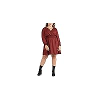Womens Maroon Gathered Smocked Waist and Cuffs Long Sleeve Surplice Neckline Above The Knee Fit + Flare Dress Plus X