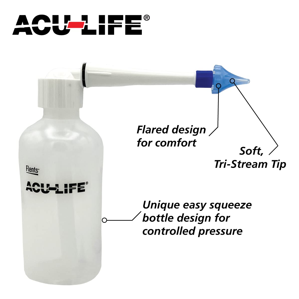 Acu-Life Ear Irrigator, Soft Tri-Steam Fit with Flarred Design for Comfort, Includes Basin, Ear Syringe and Easy Squeeze Bottle