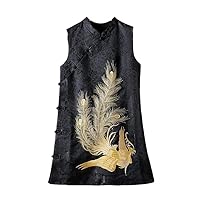 Autumn Women's Vest Dresses Chinese Style Stand Collar Embroidery Black Side Button Sleeveless Female Dress
