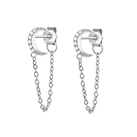 Reffeer Solid 925 Sterling Silver Cute Moon Chain Dangle Earrings for Women Teen Girls Minimalist Chain Drop Earrings Studs Multi Piercing Earrings