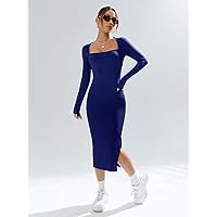 Women's Dress Dresses for Women Square Neck Split Thigh Bodycon Dress (Color : Royal Blue, Size : X-Small)