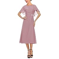 Bat Sleeve Tea Length Mother of The Bride Dress with Pockets Ruffle Chiffon Mother of The Groom Dress for Wedding